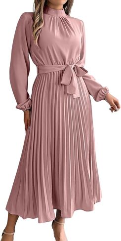 Pleated Maxi Dress, Mock Neck A Line, Fall Holiday, Long Sleeve Modest Business Casual Flowy Dresses for Women in Saudi Arabia