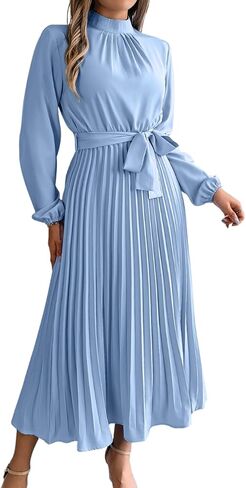 Pleated Maxi Dress, Mock Neck A Line, Fall Holiday, Long Sleeve Modest Business Casual Flowy Dresses for Women in Saudi Arabia