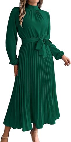 Pleated Maxi Dress, Mock Neck A Line, Fall Holiday, Long Sleeve Modest Business Casual Flowy Dresses for Women in Saudi Arabia