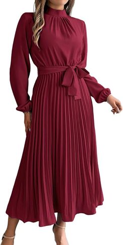 Pleated Maxi Dress, Mock Neck A Line, Fall Holiday, Long Sleeve Modest Business Casual Flowy Dresses for Women in Saudi Arabia