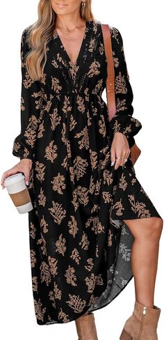 CUPSHE Women's Floral Maxi Dress V Neck Puff Sleeves Flowy Ruffle Casual Fall Dress in Saudi Arabia