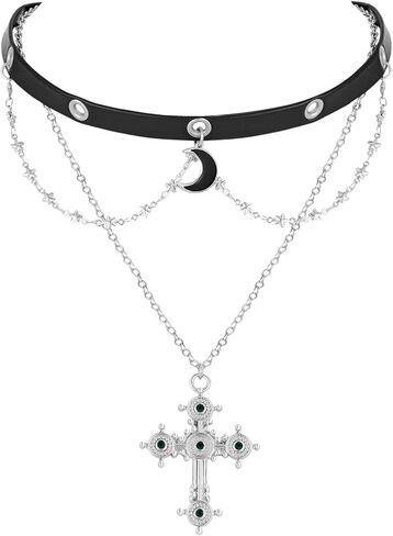 Gothic Cross Necklace for Women- Layered Crucifix Pendant Catholic Jewelry Non-Tarnish Statement Choker Necklace Halloween Faith Jewelry Gift，Silver in Kuwait