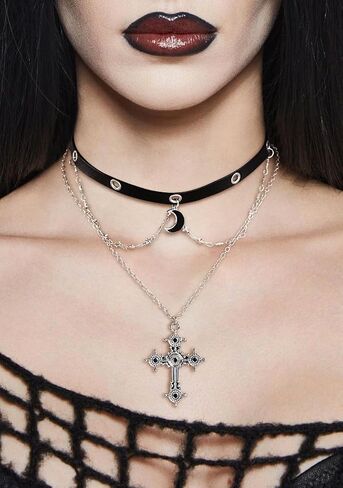 Gothic Cross Necklace for Women- Layered Crucifix Pendant Catholic Jewelry Non-Tarnish Statement Choker Necklace Halloween Faith Jewelry Gift，Silver in Kuwait