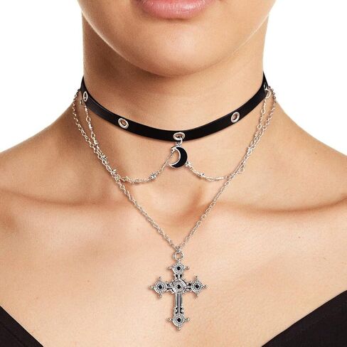 Gothic Cross Necklace for Women- Layered Crucifix Pendant Catholic Jewelry Non-Tarnish Statement Choker Necklace Halloween Faith Jewelry Gift，Silver in Kuwait