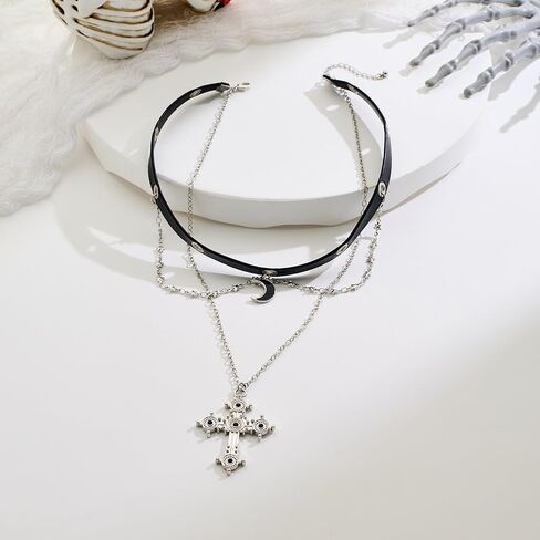 Gothic Cross Necklace for Women- Layered Crucifix Pendant Catholic Jewelry Non-Tarnish Statement Choker Necklace Halloween Faith Jewelry Gift，Silver in Kuwait