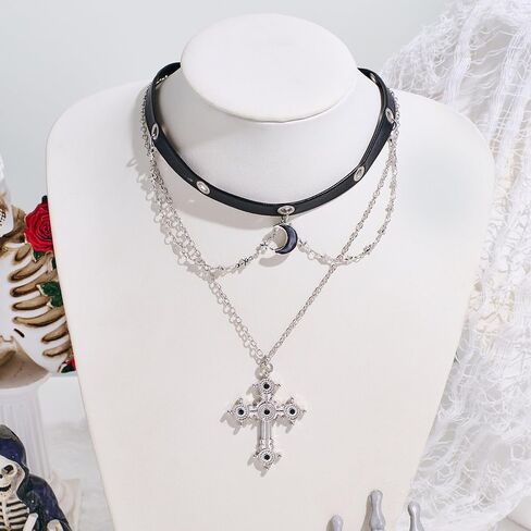 Gothic Cross Necklace for Women- Layered Crucifix Pendant Catholic Jewelry Non-Tarnish Statement Choker Necklace Halloween Faith Jewelry Gift，Silver in Kuwait