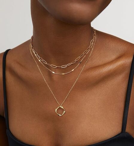 Layered Necklaces for Women，14K Gold Plated Twist Circle Pendant Dainty Paperclip Chain Necklace Stack Trendy Layering Stackable Chain Choker Set Minimalist Gold Jewelry Gift for Women in Saudi Arabia