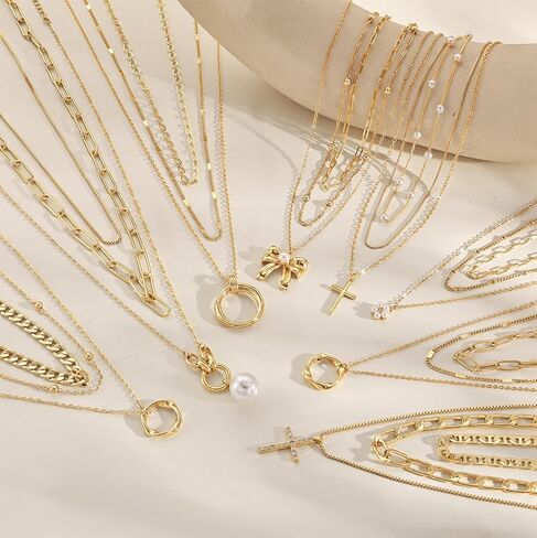 Layered Necklaces for Women，14K Gold Plated Twist Circle Pendant Dainty Paperclip Chain Necklace Stack Trendy Layering Stackable Chain Choker Set Minimalist Gold Jewelry Gift for Women in Saudi Arabia