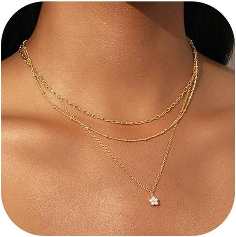 Layered Necklaces for Women，14K Gold Plated Twist Circle Pendant Dainty Paperclip Chain Necklace Stack Trendy Layering Stackable Chain Choker Set Minimalist Gold Jewelry Gift for Women in Saudi Arabia