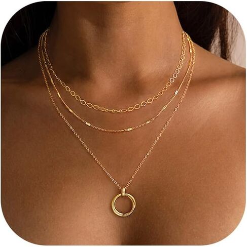 Layered Necklaces for Women，14K Gold Plated Twist Circle Pendant Dainty Paperclip Chain Necklace Stack Trendy Layering Stackable Chain Choker Set Minimalist Gold Jewelry Gift for Women in Saudi Arabia