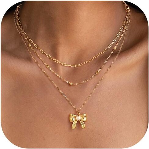 Layered Necklaces for Women，14K Gold Plated Twist Circle Pendant Dainty Paperclip Chain Necklace Stack Trendy Layering Stackable Chain Choker Set Minimalist Gold Jewelry Gift for Women in Saudi Arabia