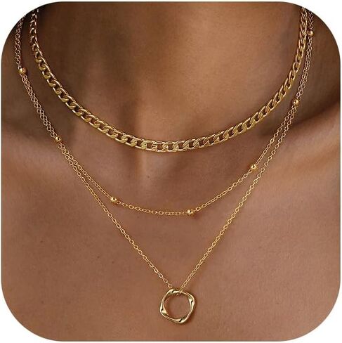 Layered Necklaces for Women，14K Gold Plated Twist Circle Pendant Dainty Paperclip Chain Necklace Stack Trendy Layering Stackable Chain Choker Set Minimalist Gold Jewelry Gift for Women in Saudi Arabia