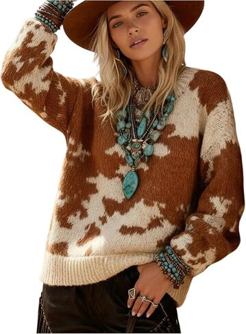 GORGLITTER المرأة الغربية راعية البقر متماسكة البلوزات طويلة الأكمام Crewneck بوهو خمر البلوز القمم in Kuwait
