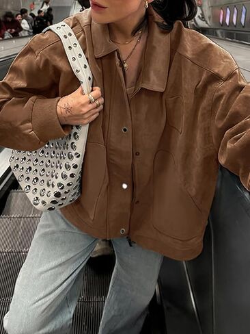 Molisry Women's Faux Leather Bomber Jacket Long Sleeve Button Down Zipper Y2K Warm Fall Trendy Coat 2025 in Saudi Arabia