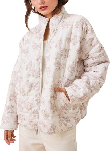 Womens Quilted Jackets Corduroy Lightweight Coat Full-Zip Padded Fall Casual Outerwear with Pockets in Saudi Arabia