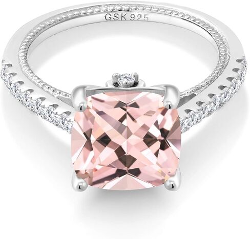 خاتم خطوبة من Gem Stone King 4.59 Cttw Peach مقلد مورغانيتي وأبيض مكون من الياقوت | 925 فضة استرلينية | قطع وسادة 10 ملم | خاتم وعد الذكرى السنوية للزفاف للنساء in Saudi Arabia