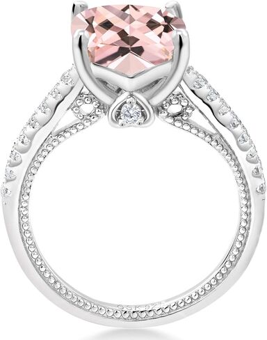 خاتم خطوبة من Gem Stone King 4.59 Cttw Peach مقلد مورغانيتي وأبيض مكون من الياقوت | 925 فضة استرلينية | قطع وسادة 10 ملم | خاتم وعد الذكرى السنوية للزفاف للنساء in Saudi Arabia