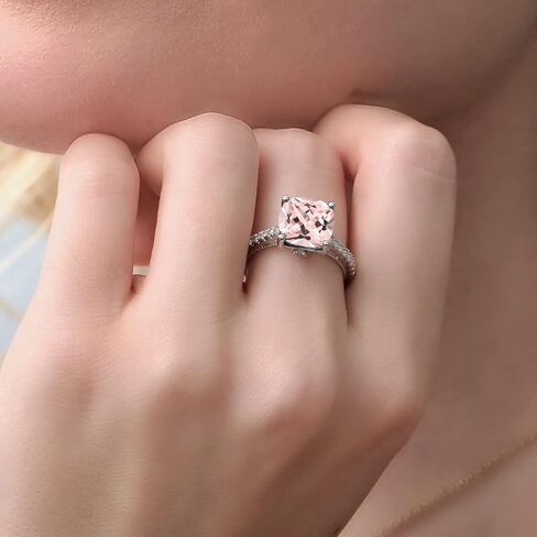 خاتم خطوبة من Gem Stone King 4.59 Cttw Peach مقلد مورغانيتي وأبيض مكون من الياقوت | 925 فضة استرلينية | قطع وسادة 10 ملم | خاتم وعد الذكرى السنوية للزفاف للنساء in Saudi Arabia