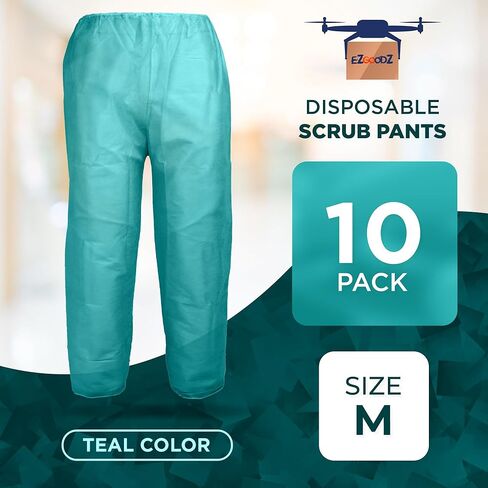 EZGOODZ Teal Disposable Scrub Pants, Medium Size. Pack of 10 SMS Disposable Pants Medical with Waist Ties. Breathable Scrubs for Women and Men in Saudi Arabia