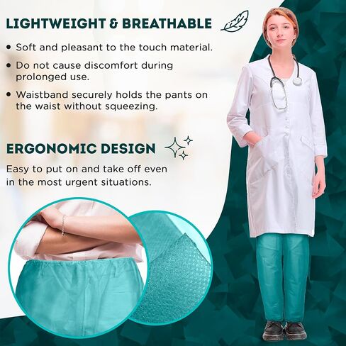 EZGOODZ Teal Disposable Scrub Pants, Medium Size. Pack of 10 SMS Disposable Pants Medical with Waist Ties. Breathable Scrubs for Women and Men in Saudi Arabia