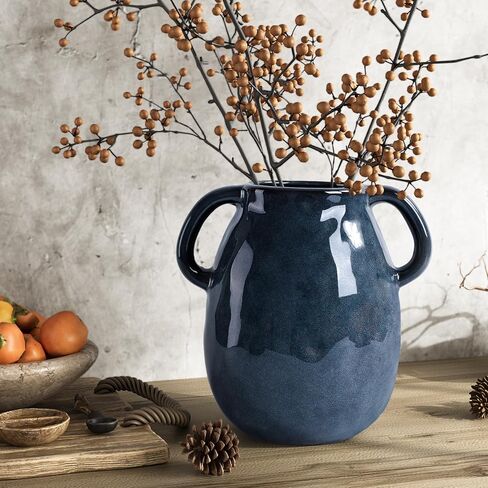7 Inch Retro Navy Blue Ceramic Vase with Handles, Modern Glazed Blue Vase for Flowers, Farmhouse Vintage Flower Vase Decorative for Home Decor, Table, Counter, Living Room, Bedroom, Entryway in Saudi Arabia