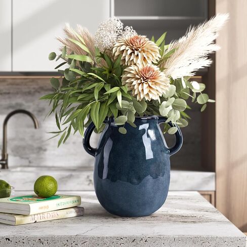 7 Inch Retro Navy Blue Ceramic Vase with Handles, Modern Glazed Blue Vase for Flowers, Farmhouse Vintage Flower Vase Decorative for Home Decor, Table, Counter, Living Room, Bedroom, Entryway in Saudi Arabia