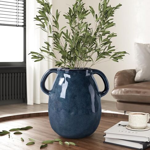 7 Inch Retro Navy Blue Ceramic Vase with Handles, Modern Glazed Blue Vase for Flowers, Farmhouse Vintage Flower Vase Decorative for Home Decor, Table, Counter, Living Room, Bedroom, Entryway in Saudi Arabia