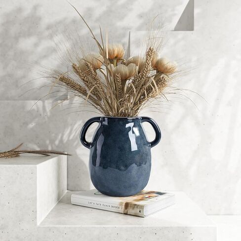 7 Inch Retro Navy Blue Ceramic Vase with Handles, Modern Glazed Blue Vase for Flowers, Farmhouse Vintage Flower Vase Decorative for Home Decor, Table, Counter, Living Room, Bedroom, Entryway in Saudi Arabia