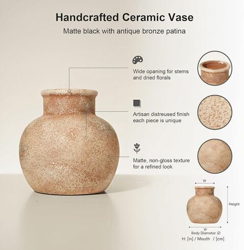 مزهرية زهرة سيراميك تيراكوتا مقاس 5.5 بوصة، فخار بوهو لمزرعة ريفية لديكور المنزل، والطاولة، والرف، والرف in Kuwait