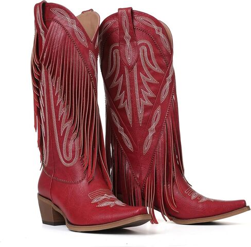 Mattiventon Cowboy Boots for Women Fringe Knee High Cowgirl Western Boots مع تطريز كلاسيكي مدبب من كعب مكتنزة لحفلات الزفاف in Kuwait