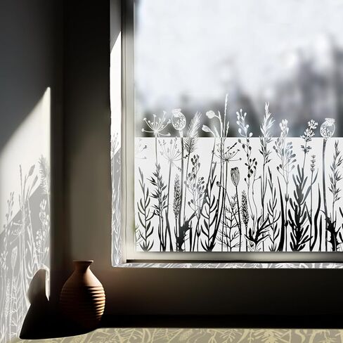 Pure White Window Border Film Floral, Removable See Through Static Cling for Glass Window Decor, Living Room, Grassy-Silhouette Stickers Glass Decor 59.06"X22.83" in Kuwait