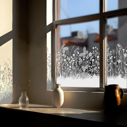 Pure White Window Border Film Floral, Removable See Through Static Cling for Glass Window Decor, Living Room, Grassy-Silhouette Stickers Glass Decor 59.06"X22.83" in Kuwait
