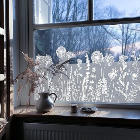Pure White Window Border Film Floral, Removable See Through Static Cling for Glass Window Decor, Living Room, Grassy-Silhouette Stickers Glass Decor 59.06"X22.83" in Kuwait