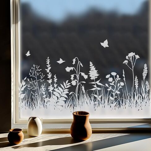 Pure White Window Border Film Floral, Removable See Through Static Cling for Glass Window Decor, Living Room, Grassy-Silhouette Stickers Glass Decor 59.06"X22.83" in Kuwait