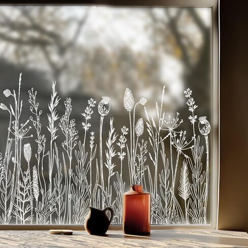 Pure White Window Border Film Floral, Removable See Through Static Cling for Glass Window Decor, Living Room, Grassy-Silhouette Stickers Glass Decor 59.06"X22.83" in Kuwait