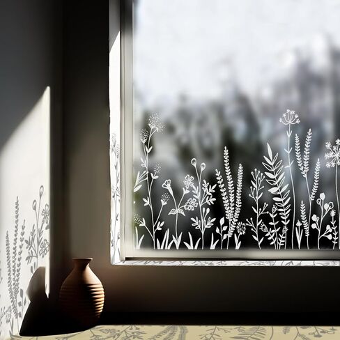 Pure White Window Border Film Floral, Removable See Through Static Cling for Glass Window Decor, Living Room, Grassy-Silhouette Stickers Glass Decor 59.06"X22.83" in Kuwait