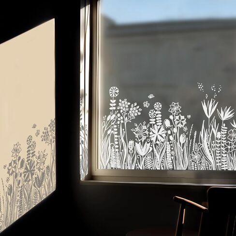 Pure White Window Border Film Floral, Removable See Through Static Cling for Glass Window Decor, Living Room, Grassy-Silhouette Stickers Glass Decor 59.06"X22.83" in Kuwait