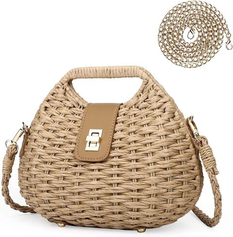 Women Straw Crossbody Bag,Straw Woven Purses with Chain,Beach Handbag for Women in Saudi Arabia