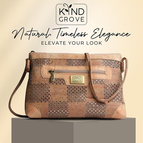 Cork Crossbody Bag - Vegan Leather Purse with Adjustable Strap, Eco-Friendly PETA Approved Handbag, Lightweight Shoulder Bag with Multiple Pockets (Brown) in Saudi Arabia