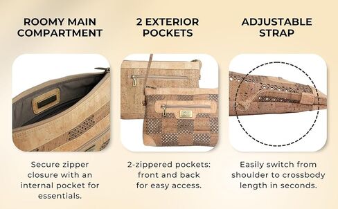 Cork Crossbody Bag - Vegan Leather Purse with Adjustable Strap, Eco-Friendly PETA Approved Handbag, Lightweight Shoulder Bag with Multiple Pockets (Brown) in Saudi Arabia