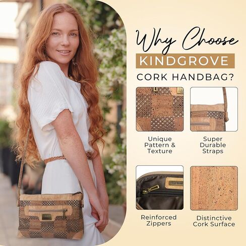 Cork Crossbody Bag - Vegan Leather Purse with Adjustable Strap, Eco-Friendly PETA Approved Handbag, Lightweight Shoulder Bag with Multiple Pockets (Brown) in Saudi Arabia