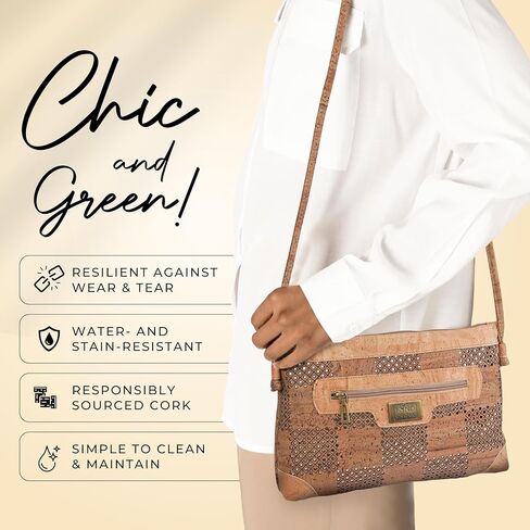 Cork Crossbody Bag - Vegan Leather Purse with Adjustable Strap, Eco-Friendly PETA Approved Handbag, Lightweight Shoulder Bag with Multiple Pockets (Brown) in Saudi Arabia