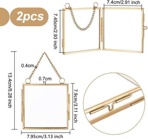OLYCRAFT 2 قطعة من إطارات الصور الصغيرة المعلقة على الحائط مقاس 2.9 × 2.9 بوصة إطار صورة زجاجي مزدوج مع إطار مربع قابل للطي من خليط معدني DIY إطارات عرض فنية عتيقة لصور الزهور المضغوطة ديكور جدار المنزل in Kuwait