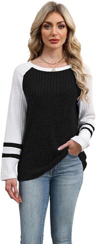1pcs Womens Fashion 2025 Color Block Long Sleeve Crewneck Knitted Casual Loose Pullover Shirts Tops,High Low Pullover Sweatshirts Tops,Loose Long Sleeve T Shirt Casual Comfy Top Tee Shirt(XL) Black in Saudi Arabia