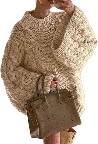 LETSVDO Women's Oversized Cable Knit Sweater Long Sleeve Crewneck Baggy Slouchy Chunky Pullover Sweaters in Saudi Arabia