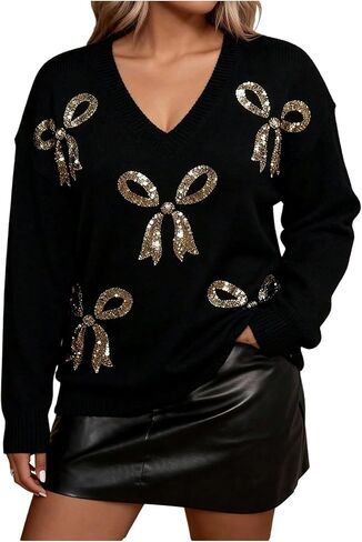 Women's Plus Size Bow Sequin Baggy Sweater Long Sleeve V Neck Chunky Sweater Sparkly Knitwear Going Out Tops in Saudi Arabia