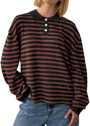 Women Striped Knit Polo Shirt Long Sleeve Lapel Collar Pullover Sweater Y2K Color Block Oversized Rugby Sweatshirt in Saudi Arabia