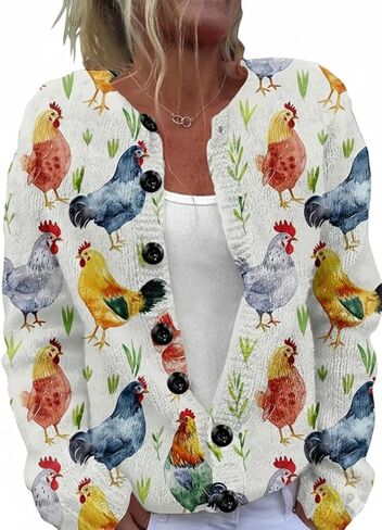 سترة صوفية على شكل دجاجة كرتونية بمقاس كبير، سترة نسائية بأزرار سفلية بطباعة مزرعة، بلوفر ناعم برقبة دائرية لخريف وشتاء in Kuwait