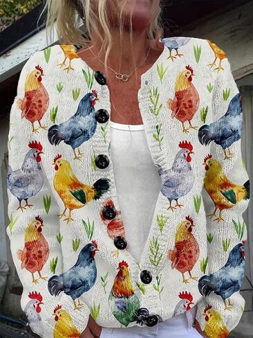 سترة صوفية على شكل دجاجة كرتونية بمقاس كبير، سترة نسائية بأزرار سفلية بطباعة مزرعة، بلوفر ناعم برقبة دائرية لخريف وشتاء in Kuwait