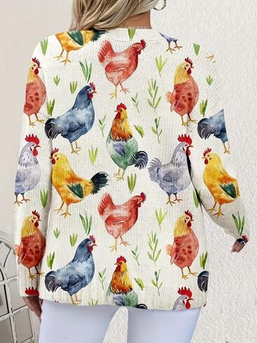 سترة صوفية على شكل دجاجة كرتونية بمقاس كبير، سترة نسائية بأزرار سفلية بطباعة مزرعة، بلوفر ناعم برقبة دائرية لخريف وشتاء in Kuwait